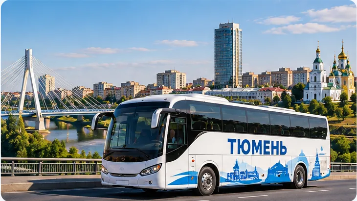 Пассажирский автобус Тюмень на фоне города Тюмени